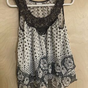 Suzy Shier Black and White Polka Dot Lace-Trim Camisole